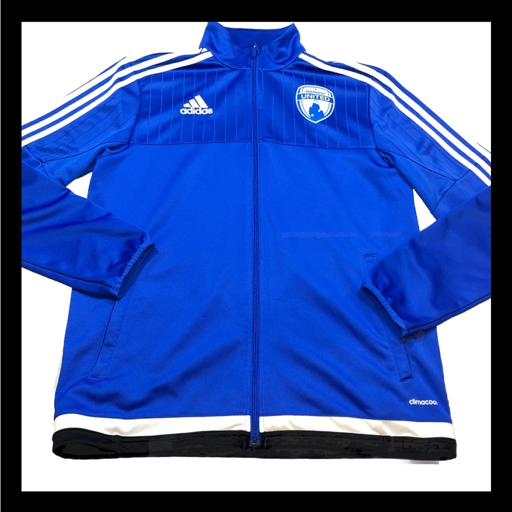 Midwest united BLUE soccer COAT Adidas Climacool Zip Up WHITE ARM STRIPES MENS M